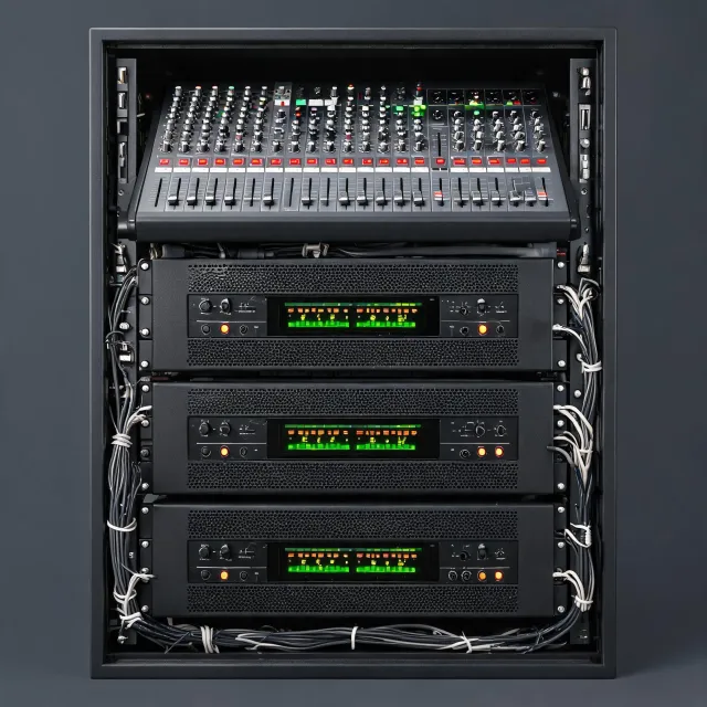 QSC power amplifier and mixer rack