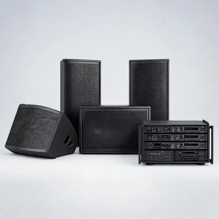 QSC product lineup with loudspeakers and subwoofers